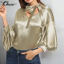 Celmia Elegant Satin Blouses Women Sexy V neck Bow Tie OL Office Lady Shirts Lantern Sleeve Casual Fashion Slik Top Plus Size Celmia Elegant Satin Blouses Women Sexy V neck Bow Tie OL Office Lady Shirts Lantern Sleeve Casual Fashion Slik Top Plus Size