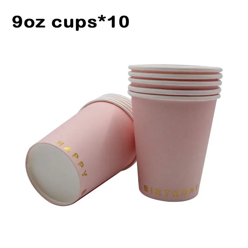 Cups 9oz 10pcs Одноразовые столовые приборы для вечеринки в честь Дня Рождения, розовые бумажные соломинки, стаканчики для украшения первого 18го дня рождения, вечерние салфетки, тарелки для девочек - Цвет: Cups 9oz 10pcs