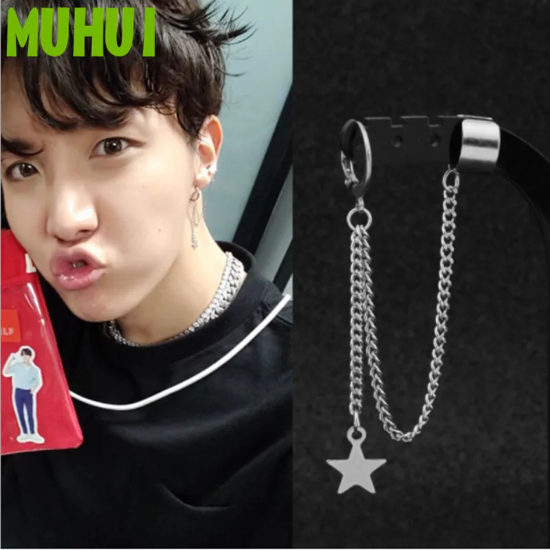 Free Shipping 1pc Kpop Star J HOPE Simple Ear Clip Star Tassel Personality Earrings Women Men Jewelry Never Fade EH-584