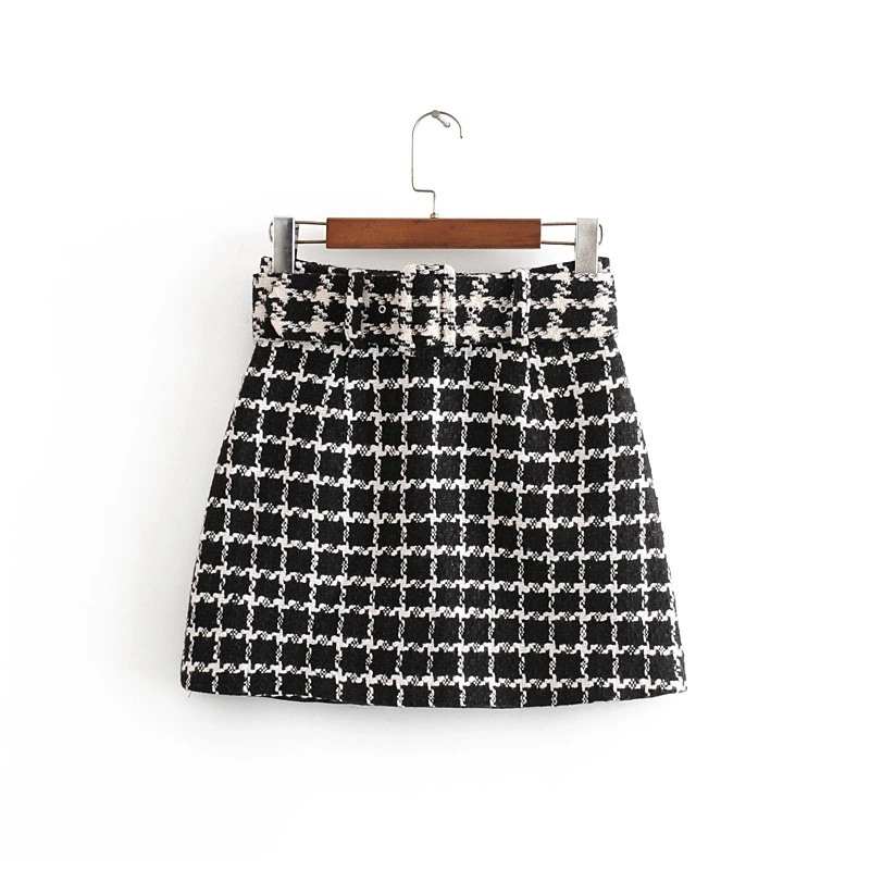 Tangada Женская шикарная клетчатая твидовая мини-юбка с ремнем на молнии сзади трапециевидной формы Ретро Базовая женская повседневная юбка 3H426 - Цвет: Черный