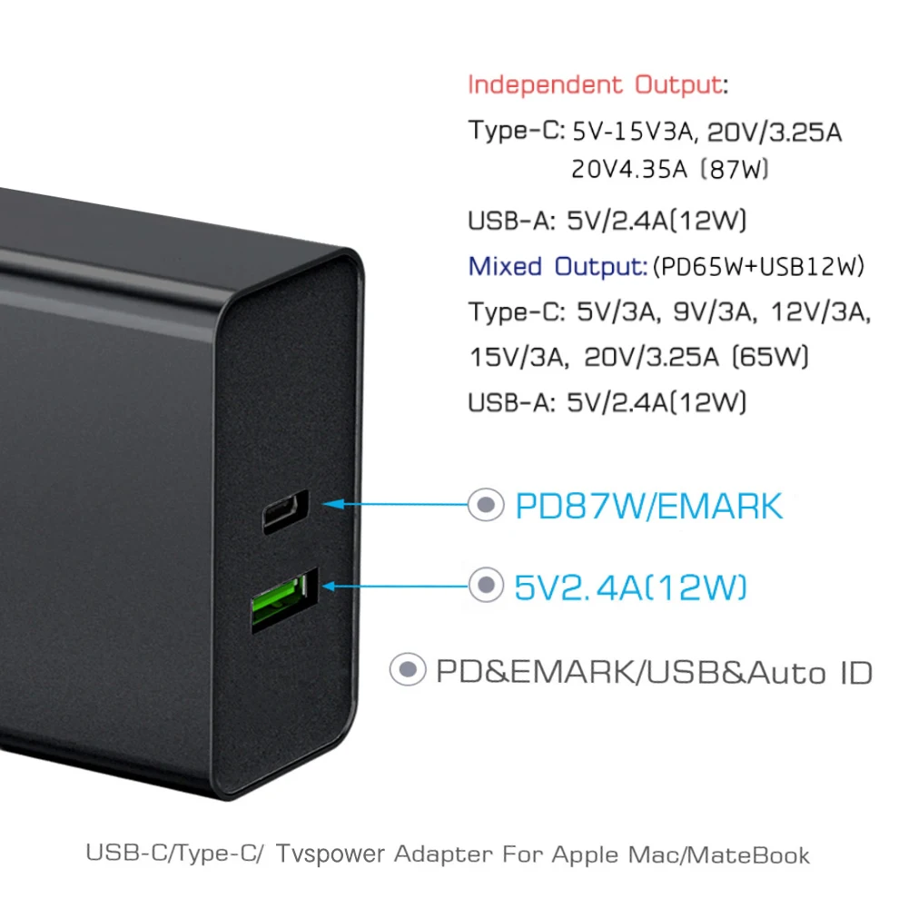 87 Вт мини настенное зарядное устройство USB C PD 65 45 QC3.0 для TYPE Thunderbolt 3 ноутбука Macbook