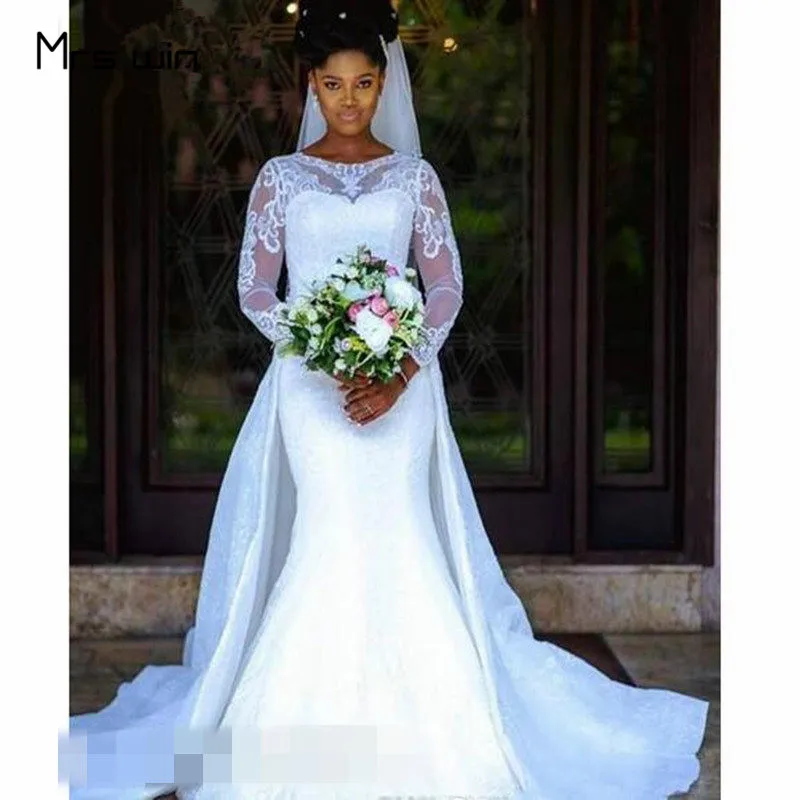 

Mrs win Wedding Dress O-neck Mermaid Wedding Dresses Elegant Long Sleeve Vestido De Noiva Plus Size Bridal Ball Gowns HR025