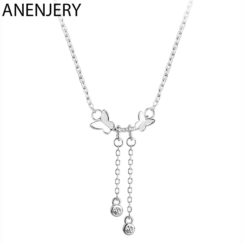 ANENJERY Danity 925 пробы Серебряное ожерелье с бабочкой для женщин кисточкой ожерелье из циркона ожерелье друг подарок S-N475