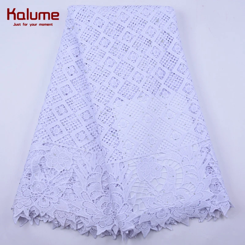 

Kalume High Quality African Guipure Cord Lace Fabric Latest Style Nigerian Water Soluble Cord Laces With Stones For Party 2065