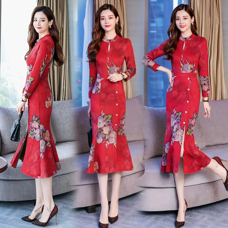 

2018 New Style Spring And Autumn Improved Cheongsam Dress Floral Print Sheath Skirt Retro Elegant Suede Fishtail Skirt