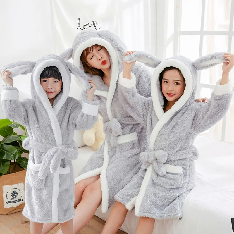 

1pc Bathrobe for Mother Daughter Son Winter Family Flannel Bunny Matching Pajamas Mom Kid Warm Thick Full Solid Sleepwear
