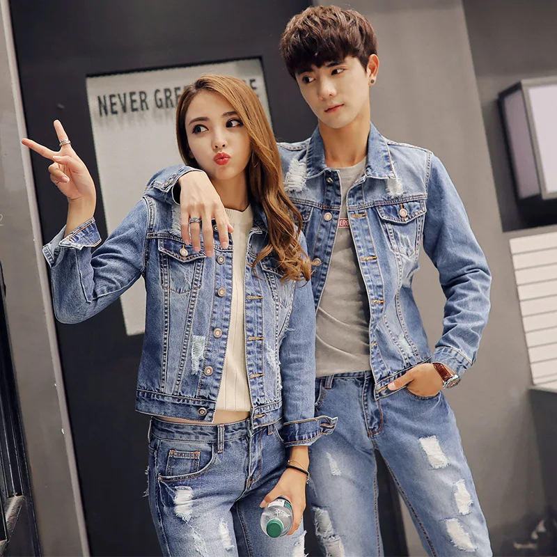 

Autumn & Winter Light Blue Denim Suit Men And Women Casual with Holes Two-Piece Set Korean-style Trend Loose-Fit Youth Tops Coup