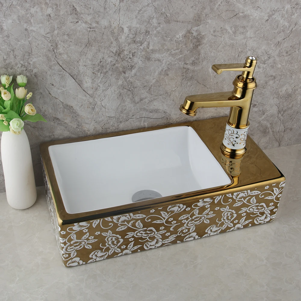 KEMAIDI золотистый керамический раковина для ванной Европейский стиль раковина-умывальник для ванны комбинированный свободный слив высокого качества смеситель для раковины - Цвет: Golen white