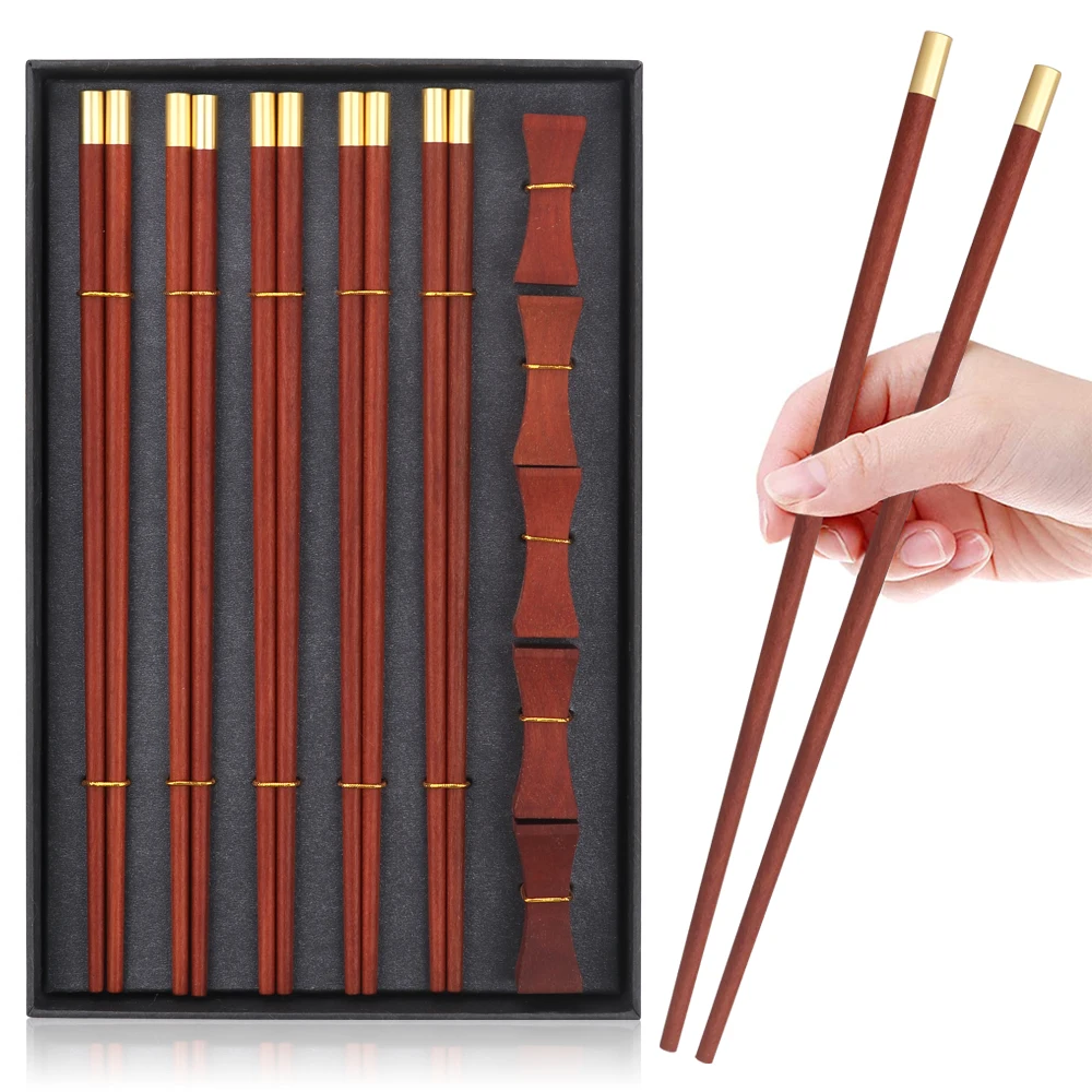 

VIP Boutique Gift Box 5 Pairs Red Sandalwood Chopsticks 5PCS Chopstick Rest Solid Wood Pure Copper"FU" Chopsticks Top