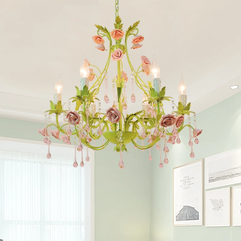 

European Chandelier lamp Green Lustre Light 6L/8L/12L Sizes Pink Rose Flower Chandelier Light Fixture E14 Decoration Chandelier