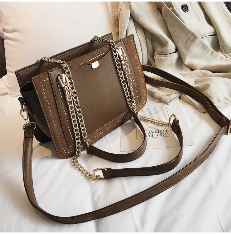 Роскошная женская сумка с заклепками, дизайнерская брендовая сумка с металлической цепочкой, Повседневная сумка через плечо из искусственной кожи