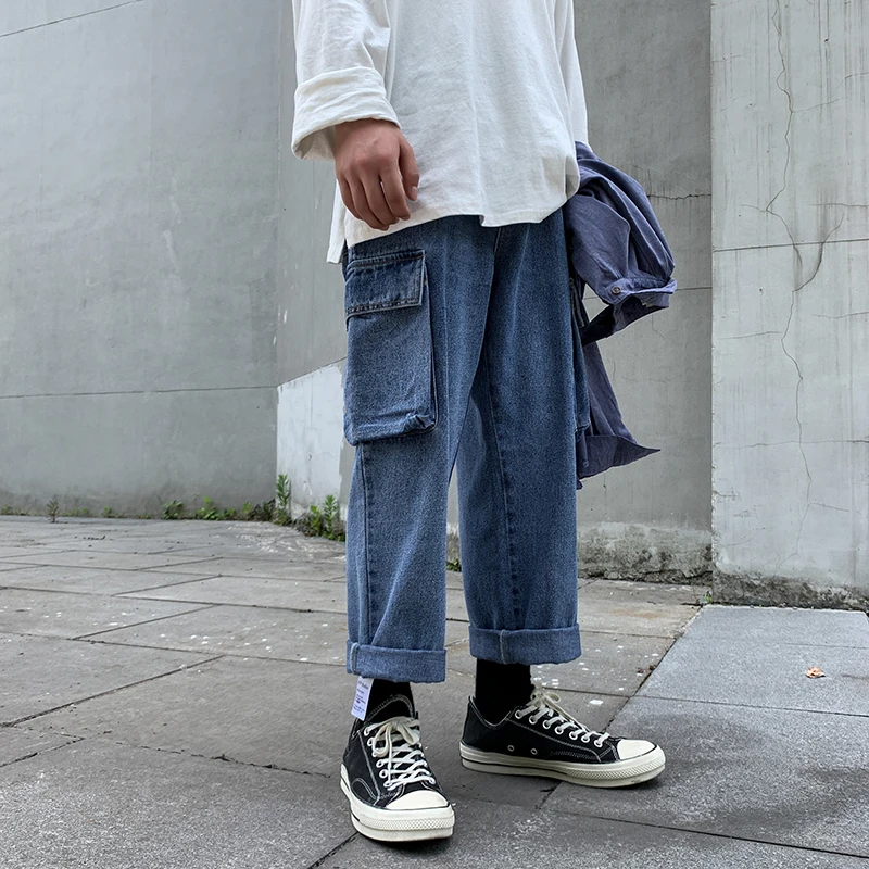 Осенние новые джинсы мужские модные вымытые однотонные повседневные джинсовые брюки мужские уличные хип хоп свободные прямые джинсы