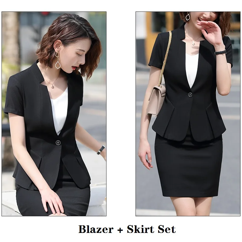 Skirt and Blazer Set Новинка, летние модные женские костюмы с юбкой, одежда для работы, серый, черный блейзер и пиджак, комплекты для офиса, женская одежда - Цвет: Skirt and Blazer Set