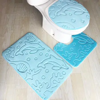 

3pcs Toilet Lid Mat U-shaped Floor Carpet Aniti-slip Pad Exquisite Printing Soft Flannel TPR Binding Bathroom Sets