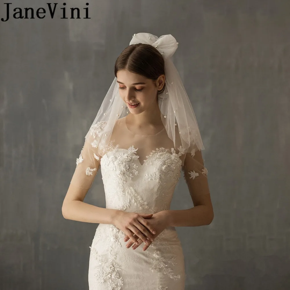 JaneVini Boho 2 слоя жемчуга Свадебные вуали с гребешком невесты короткий большой бант из тюли для причастия Фата срезанная край velo de boda