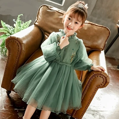 От 3 до 13 лет утепленное бархатное платье для девочек; детская одежда; нарядное платье принцессы для девочек; модные детские однотонные вечерние платья - Цвет: Thicken Green