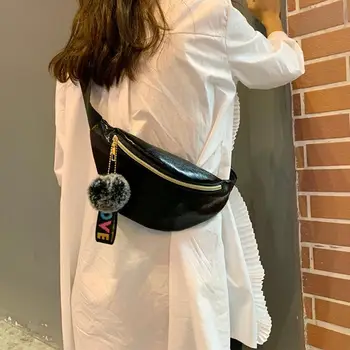 

Women Multicolor Laser Waist Bag PU Leather Shoulder Messenger Bags Pompom Fanny Chest Belt Purse Outdoor Casual Money Pouch