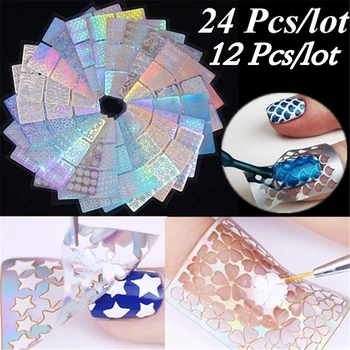 

6/12/24 Sheets DIY Nail Art Hollow 3D Laser Sticker Stencil Gel Polish Nail Vinyl Tip Transfer Guide Template Nail Art Decals