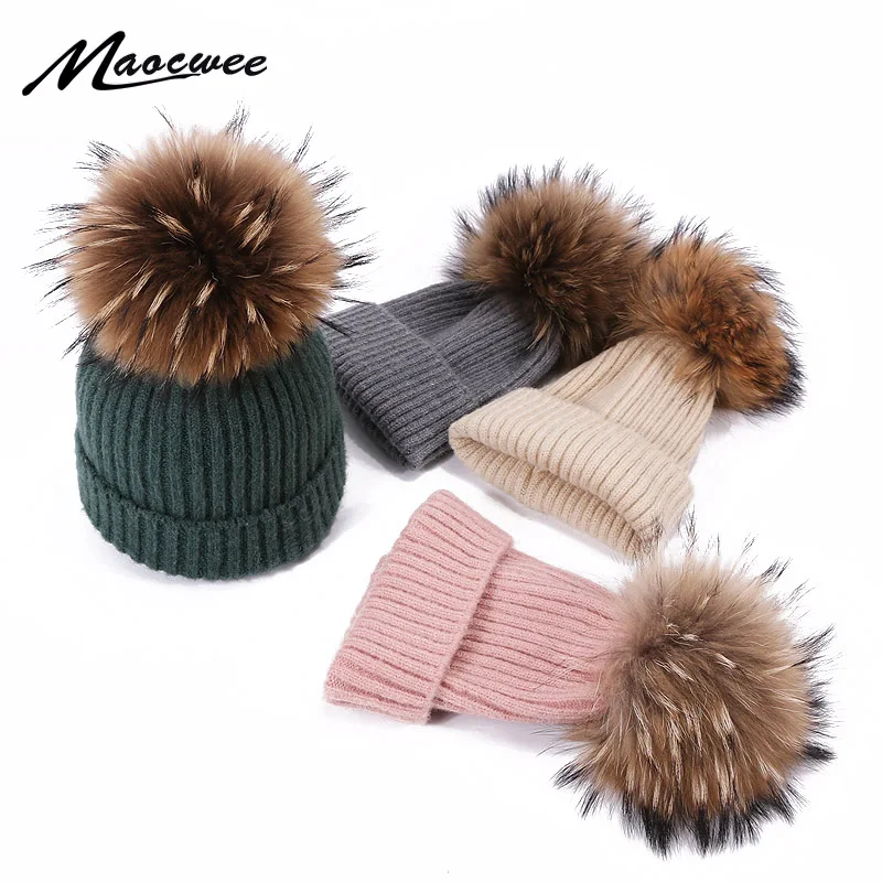 Children Real Fur Pompon Beanie Hat Winter Knit Colour Hat Boy Girl Outsoor Thick Warm Skullies Bone Kids Baby Soft Cute Beanies