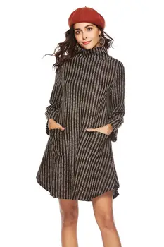 

ZOGAA Women's Blend Casual Pullover Long Coat Striped A-Line Outwear Turtleneck Plaid Coat Loose Overcoats Blends Ladies Fashion