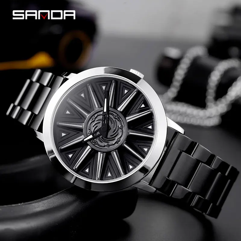 steel black silver Мужские наручные часы с вращающимся колесом, Топ бренд, Роскошные наручные часы, мужские кварцевые часы для мужчин, часы с ремешком из нержавеющей стали - Цвет: steel black silver