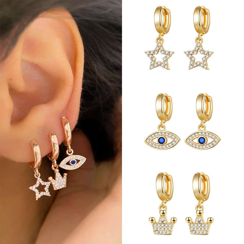Silver Earrings Gold Color Cross Moon Star CZ Zircon Small Circle Huggie Hoop Earrings For Women Fine Jewelry hoop earrings cross earrings golden earrings ear loops jewelry