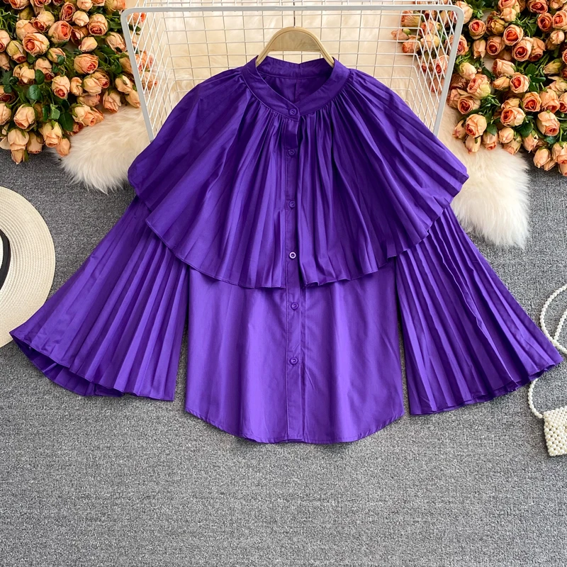 

Stand Collar Ruffles Pleasted Blouse Women Solid Color Flare Sleeve Single Breasted Loose Stright Blusas Female All-matched Top