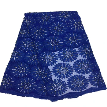 

Latest Royal blue embroidery French lace African mesh tulle lace fabric with with stones beads high quality 5 yards HJ608-2