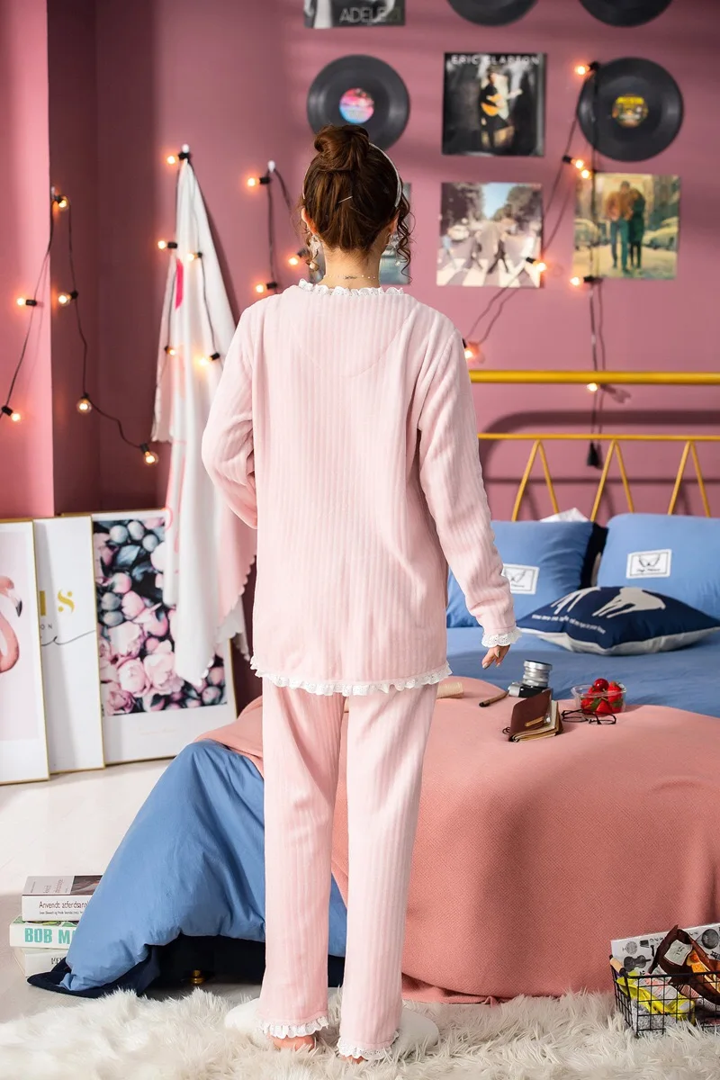 Winter New Ladies Flannel Pajamas Set Solid Color Sweet Pink Sleepwear 2PCS Set Women Comfort Thick Female Winter Homewear