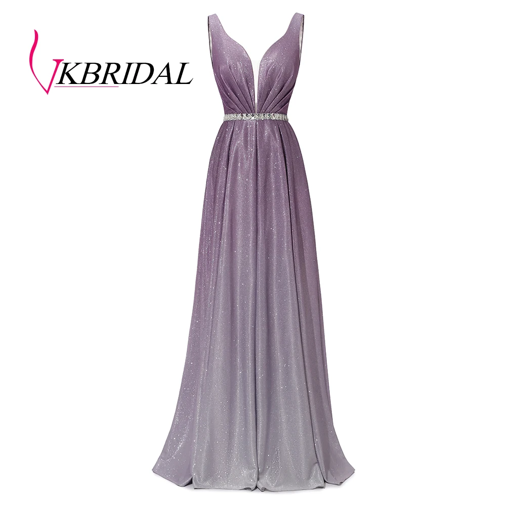 

VKBRIDAL Ombre Glitter Prom Dresses 2019 Plunging V Neck Beaded Waist Backless Evening Gown Gradient Color Vestido Formatura