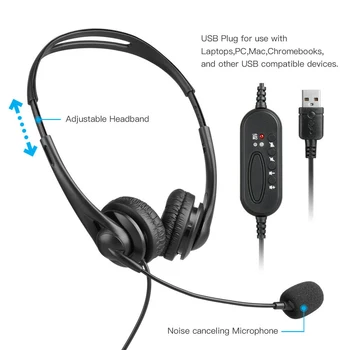 Wired Headphone USB Headset HD Lossless Sound Earphone Adjustable with Microphone for Computer PC Laptop Noise Cancelling ABS 2