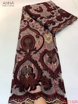 

Anna newest french net lace sequins fabric embroidered with stones 5 yards/piece african lace nigerian velvet fabrics for sewing