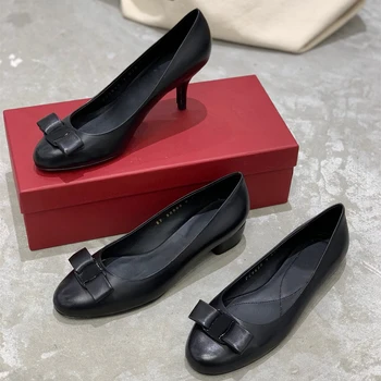 

New Women's Shoes Genuine Leather Shoes For Woman Brand Bow Design High Heels Shoes Round Toe Low Heels Dress Shoes Top Quality