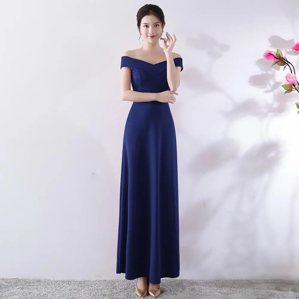Navy Blue Красота-Эмили с открытыми плечами на заклепках; атласные вечерние платья Длинные линии торжественное платье для Свадебная вечеринка Горячая плиссированные застежкой-молнией сзади; robe de soiree - Цвет: Navy Blue