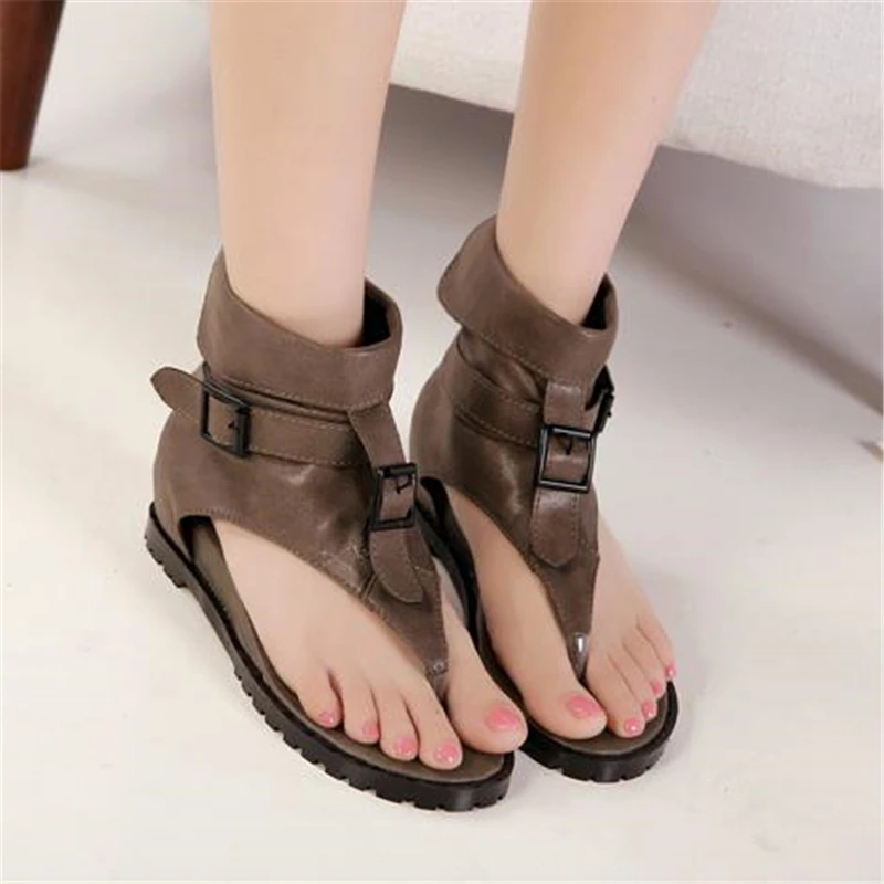 

Summer comfortable flat sandals buckle high flip-flop herringbone women's wedges shoes black vintage leather
