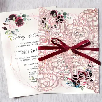 

1pcs Rose Gold Glitter Cut Floral Invitation Cards for Wedding / Party / Quinceanera / Anniversary / Birthday, CW0024