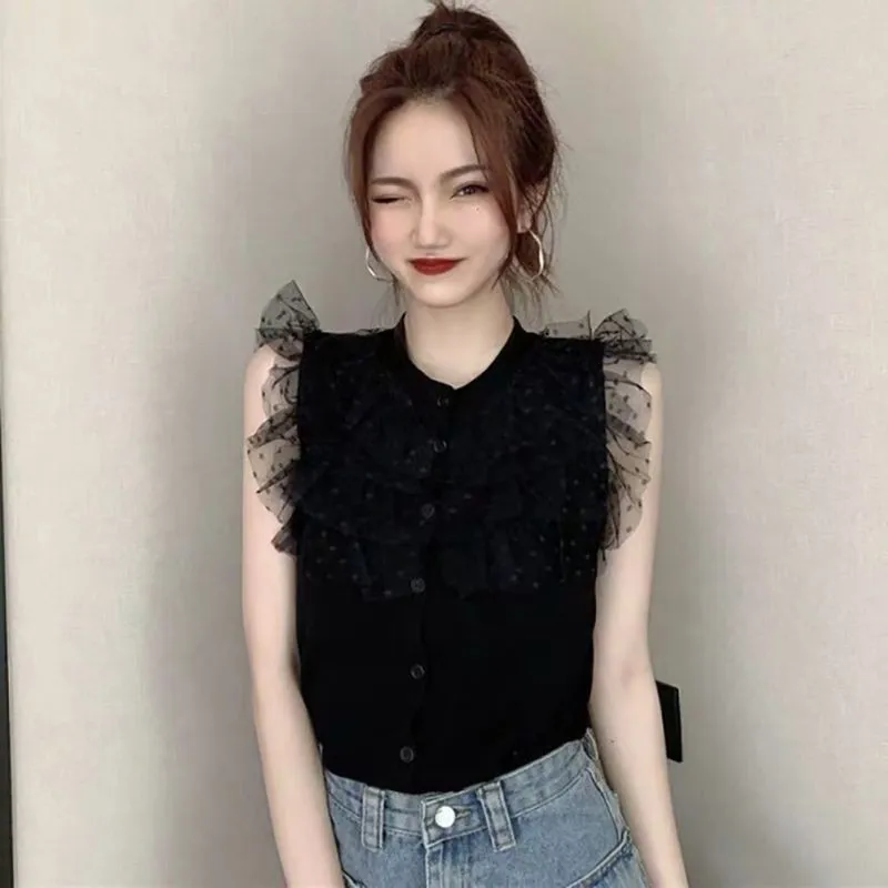 

Summer Fashion Lace Design Women T Shirt Female Casual Sleeveless Mesh Patchwork Tshirt Ruffle O Neck Tops Women Clothes 2019