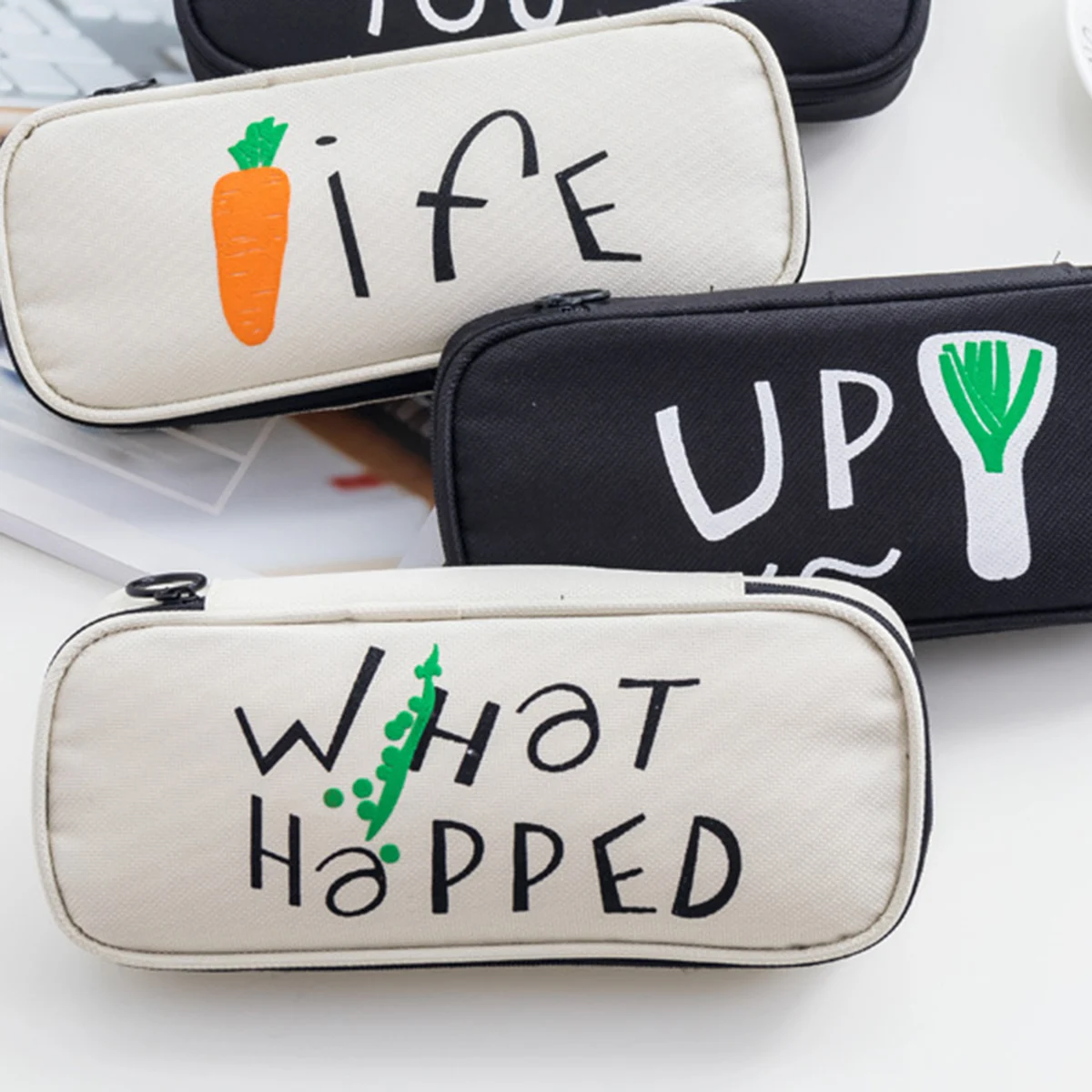 Vegetarian Large-Capacity Pencil Case Zipper Pencil Shallot/Carrot/Pea Cartoon Pattern Cosmetic Bag School Storage Case