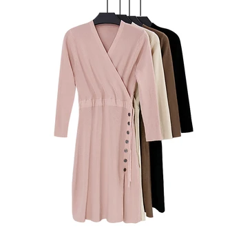 

Women's Knitting Dress 2019 Sexy V Neck Long Sleeve Slimming Elegant Dresses Straight Casual Fashion Cotton Midi Dresses