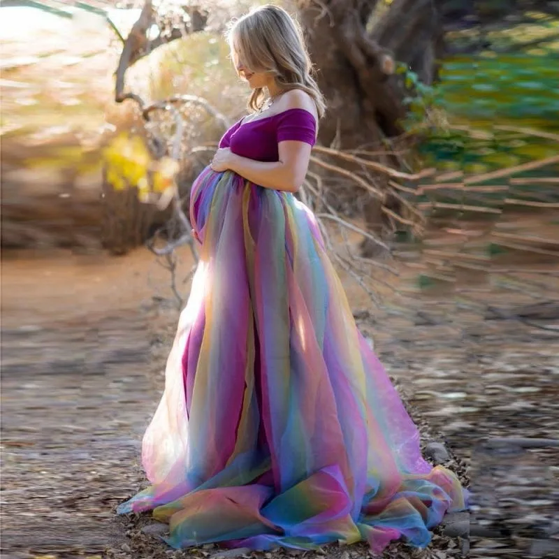 Maternity Rainbow Mesh Dress Long Skirt 