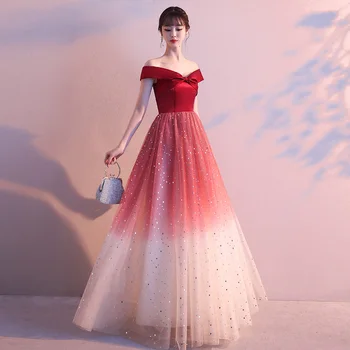 

Slash Neck Evening Party Dress For Young Lady Beads Sequins Qipao Cheongsam Women Ball Mesh Dress Bling Elegant Maxi Gown