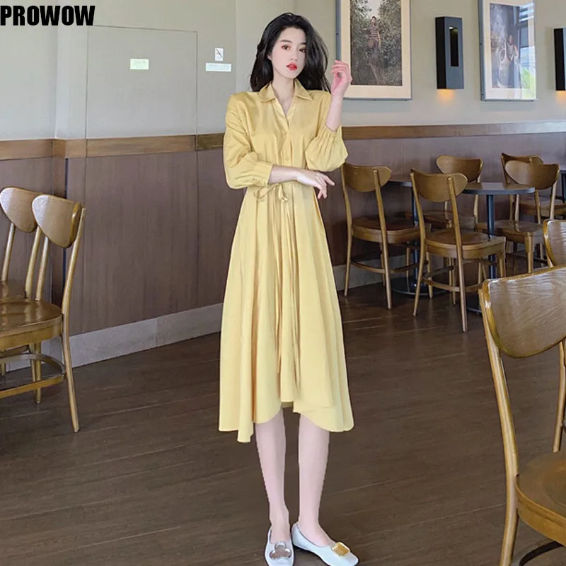 2020 Summer Office Lady Korean Elegant Dresses Retro Puff Sleeve Lace Up Waist Fairy Dress White Shirt Dress
