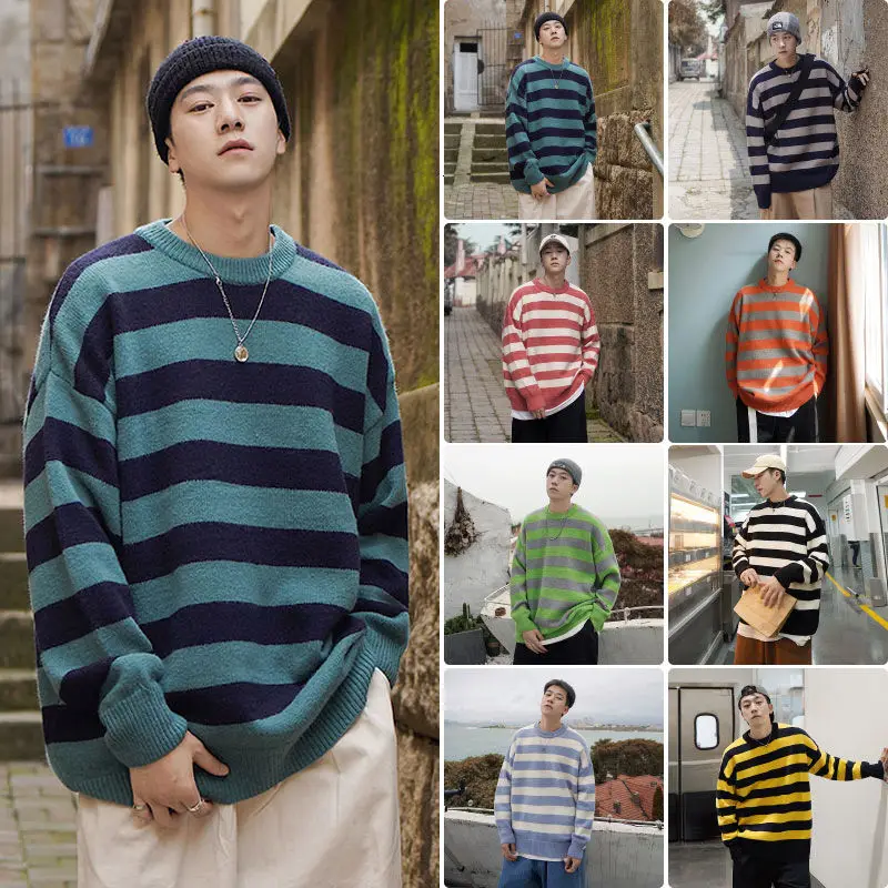 

Men Sweater 2020 Winter Men's Loose Black Striped Pullover Eight Colors Mens Clothing Free shipping