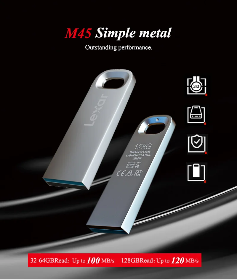 32 GB/64 GB Lexar USB флэш-накопитель M45 USB 3,0 высокое Скорость 100 МБ/с. металлический U диск 128 ГБ флэш-накопитель флеш-накопитель