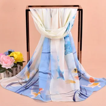 

2020 FAL/WIN Lucky goldfish lotus chiffon scarf silk square hijab cool shawl ladies foulard femme Scarves hair bufanda mujer