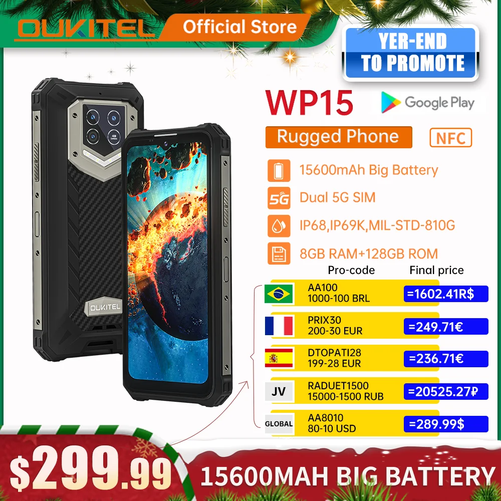 Oukitel WP15 Rugged Smartphone 8GB+128GB 6.5&quotHD+15600mAh Octa Core Android11 Mobile Phone 48MP MT6833 NFC Cell | Мобильные
