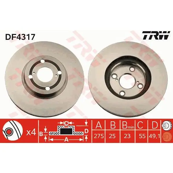 Диск тормозной переднийToyota Corolla 1.8/2.0D-4D 01 TRW DF4317