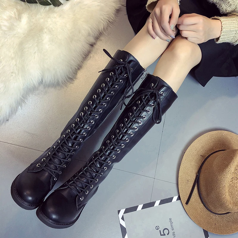 

Woman Front Lace Up Knee High Martin Boots Winter Warm Plush Gladiator Long Booties Lady Thick Heel Platform Sapatos Feminino