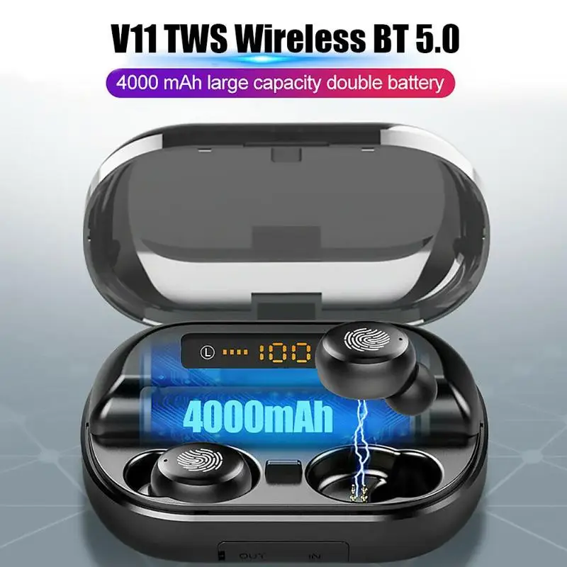 

V11 TWS Bluetooth 5.0 Mini Music Headset Wireless IP67 Waterproof Sport Earphone with 4000mAh LED Display Charging Case Box