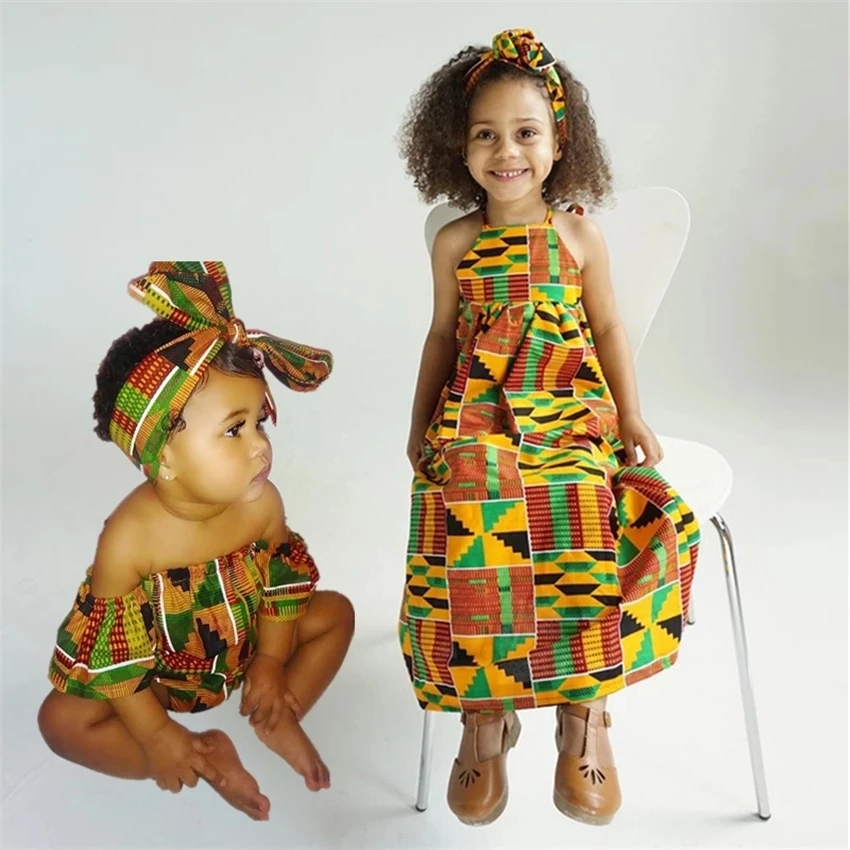 

Girls African Clothing Children Bazin Riche Dashiki Fashion Cute Dresses Striped Printed Rompers for Baby with Headband